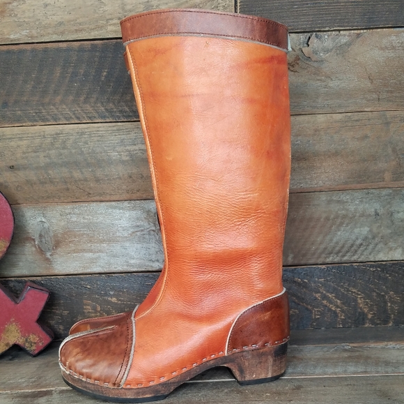 Vintage Wooden Clog Leather Boots Size 